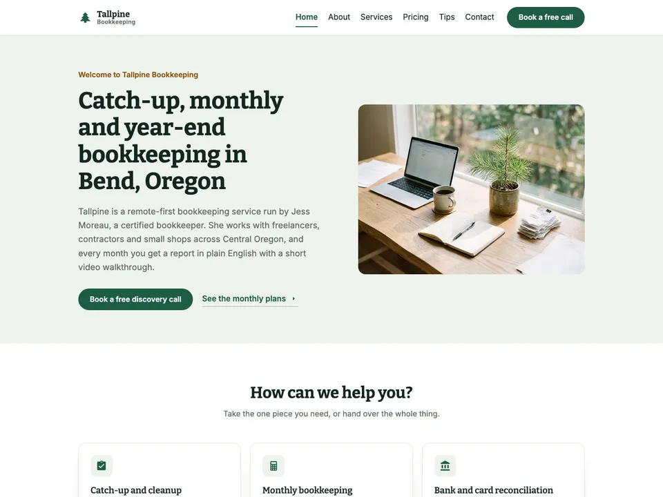 The homepage of Tallpine Bookkeeping, a sample accountant site