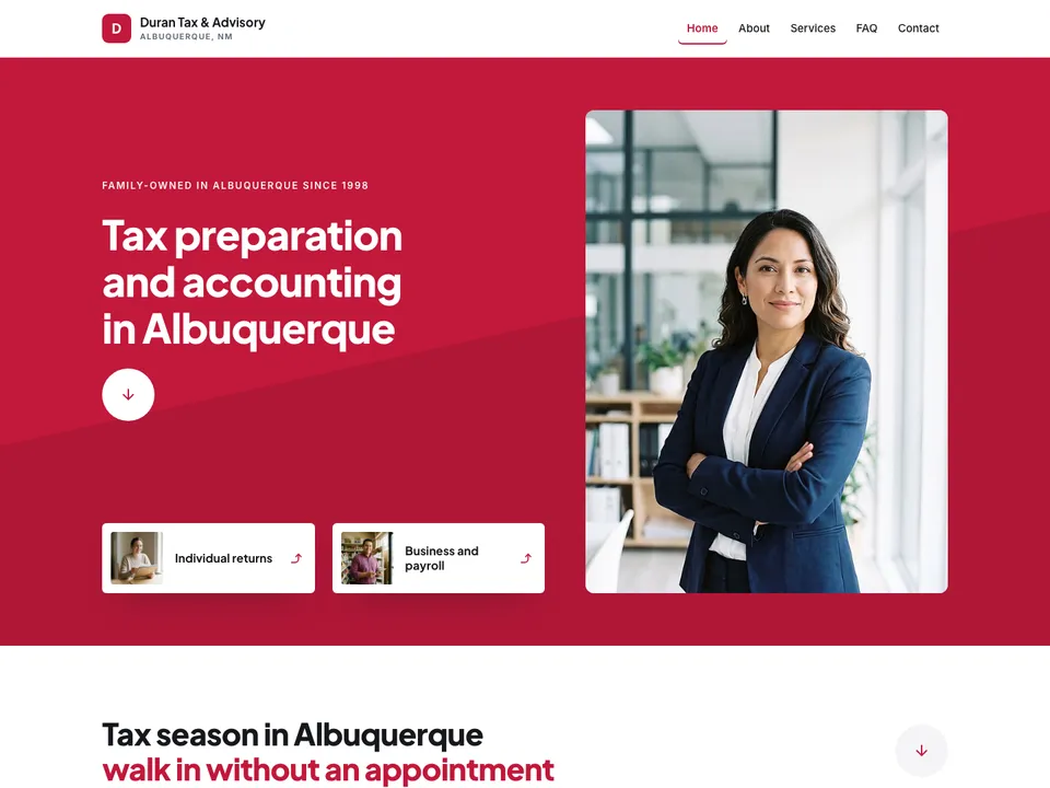 The homepage of Duran Tax & Advisory, a sample accountant site