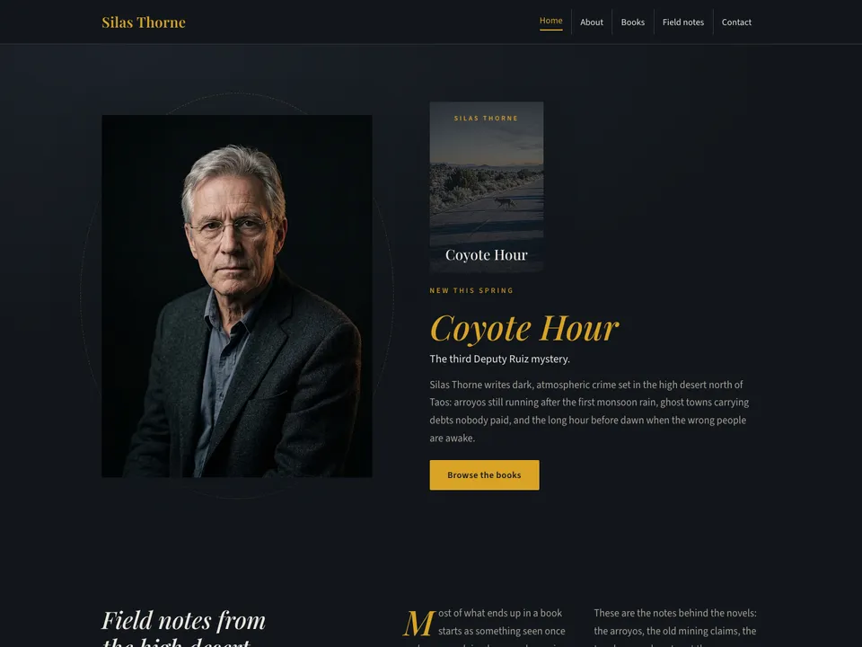 The homepage of Silas Thorne, a sample author site