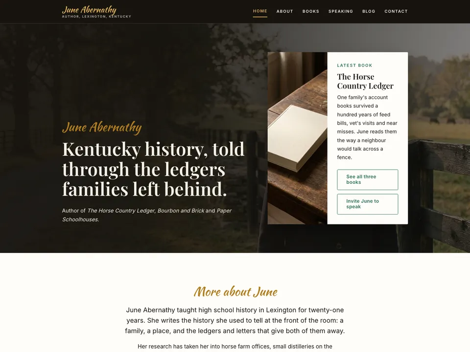 The homepage of June Abernathy, a sample author site