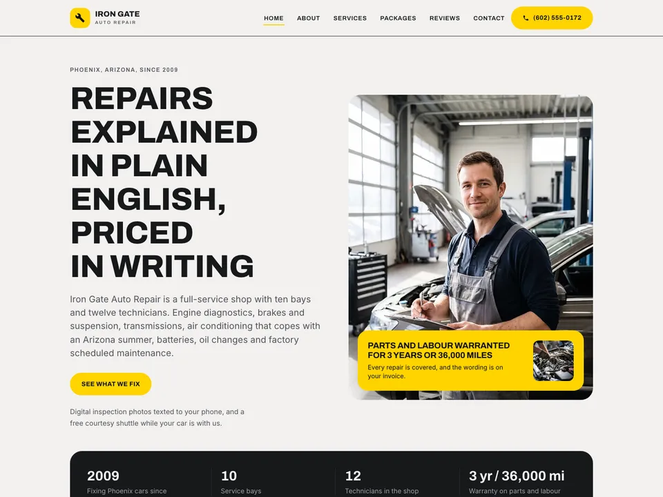 A sample auto repair shops website