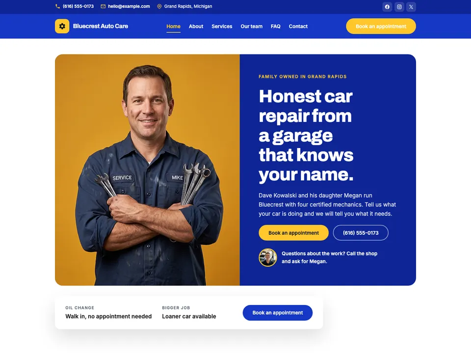 The homepage of Bluecrest Auto Care, a sample auto repair site