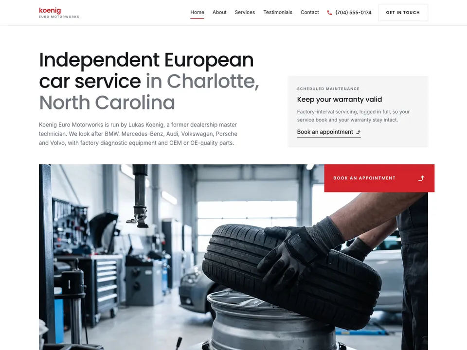 The homepage of Koenig Euro Motorworks, a sample auto repair site