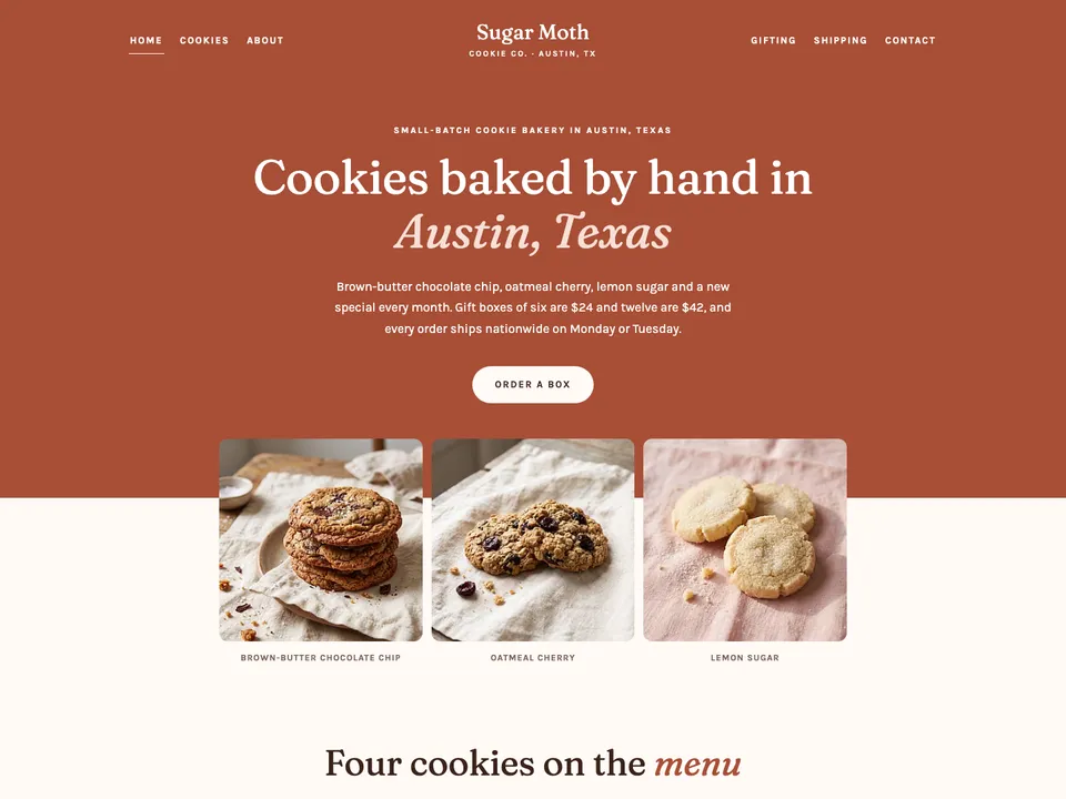The homepage of Sugar Moth Cookie Co., a sample bakery site