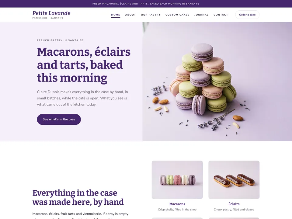 The homepage of Petite Lavande Patisserie, a sample bakery site