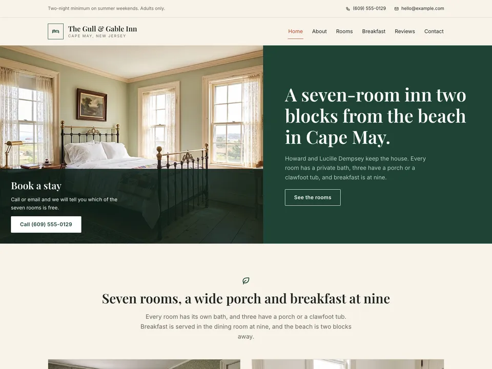 A sample bed and breakfasts website