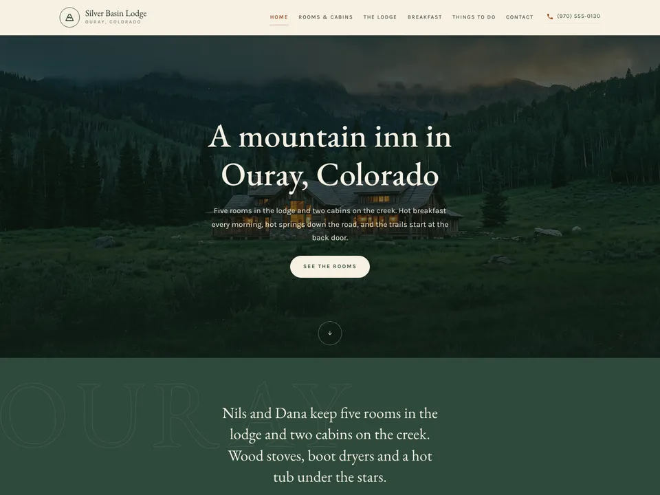 The homepage of Silver Basin Lodge, a sample bed and breakfast site