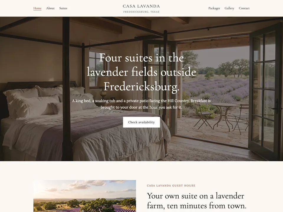 The homepage of Casa Lavanda Guest House, a sample bed and breakfast site