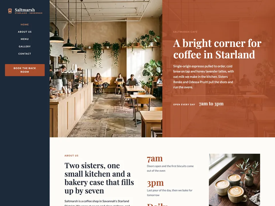 The homepage of Saltmarsh Café, a sample cafe site