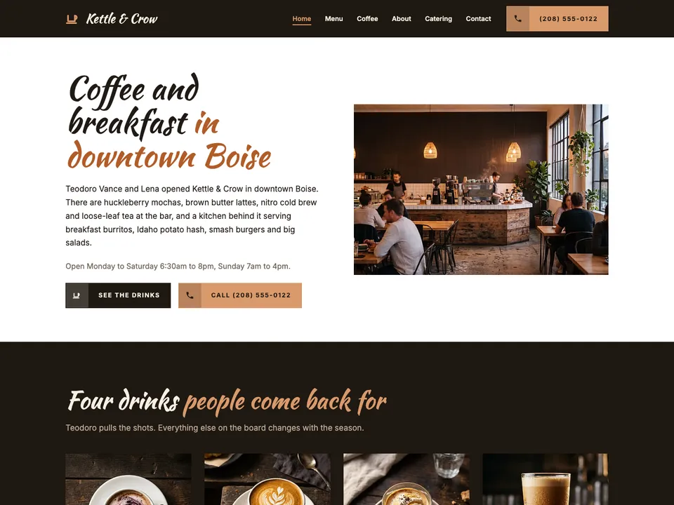 The homepage of Kettle & Crow, a sample cafe site