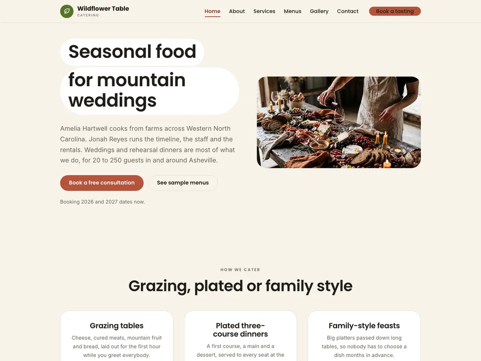 A sample caterers website