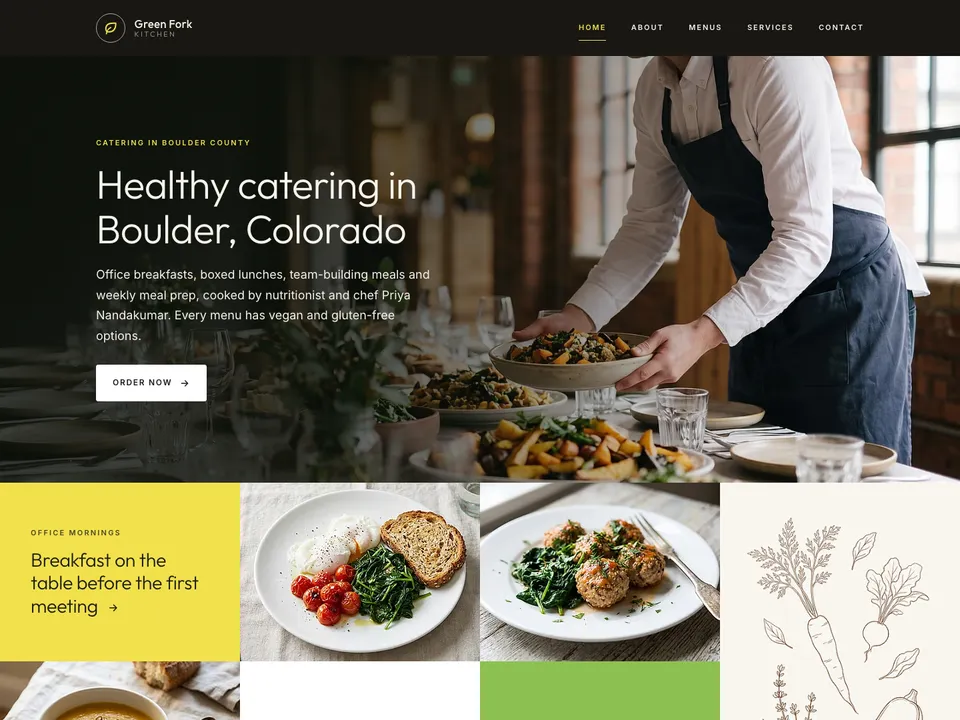 The homepage of Green Fork Kitchen, a sample caterer site