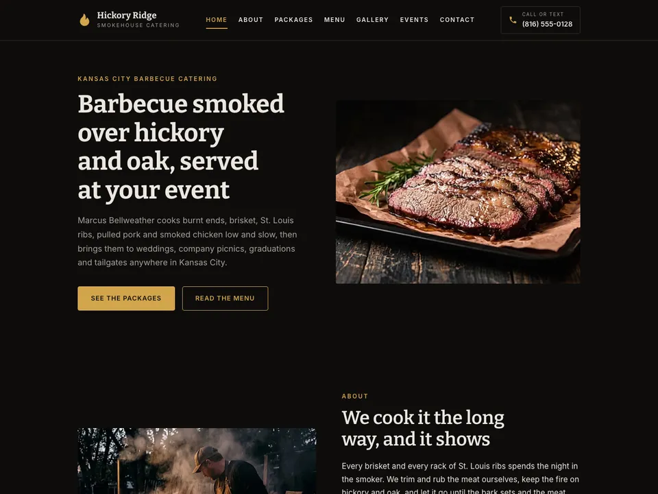 The homepage of Hickory Ridge Smokehouse Catering, a sample caterer site