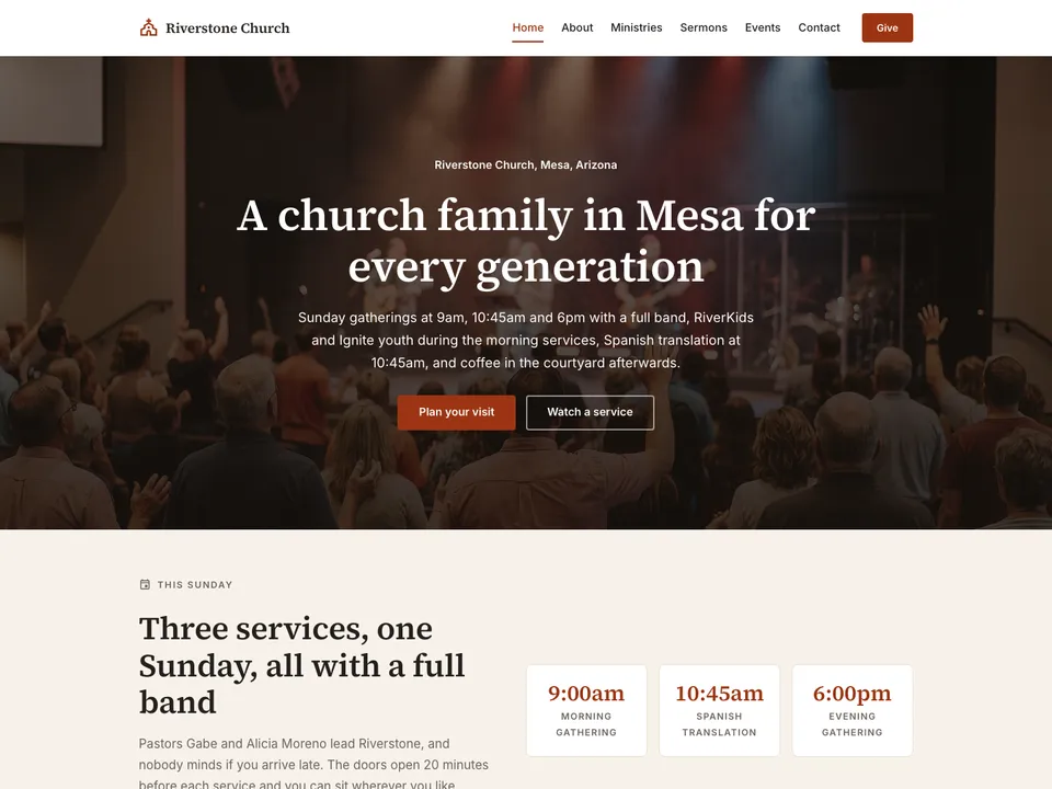 The homepage of Riverstone Church, a sample church site