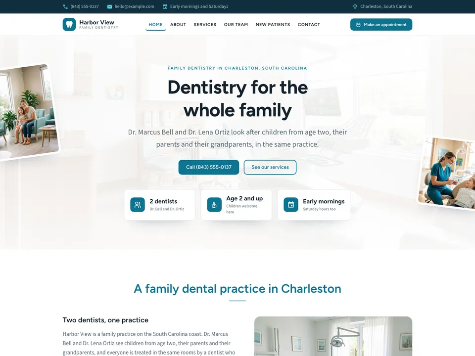 The homepage of Harbor View Family Dentistry, a sample dentist site
