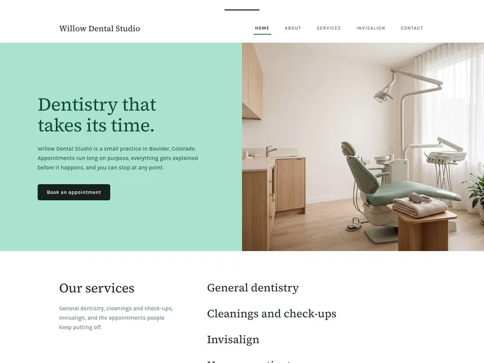 The homepage of Willow Dental Studio, a sample dentist site