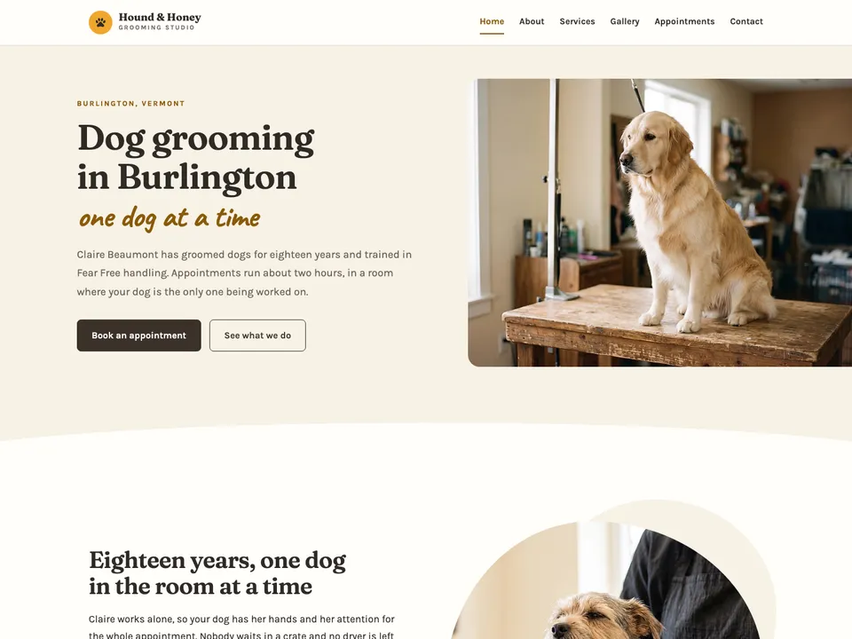 The homepage of Hound & Honey Grooming, a sample dog groomer site