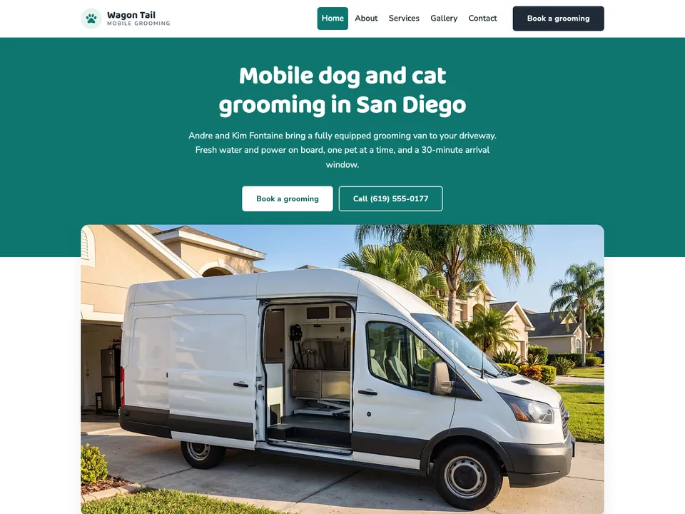 The homepage of Wagon Tail Mobile Grooming, a sample dog groomer site