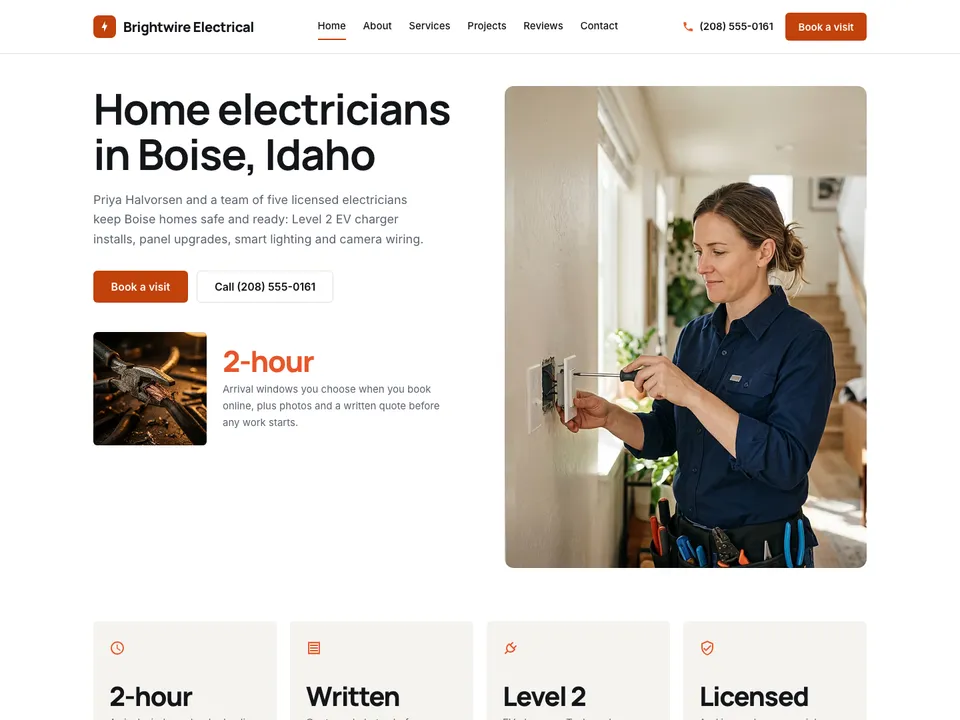 The homepage of Brightwire Electrical, a sample electrician site