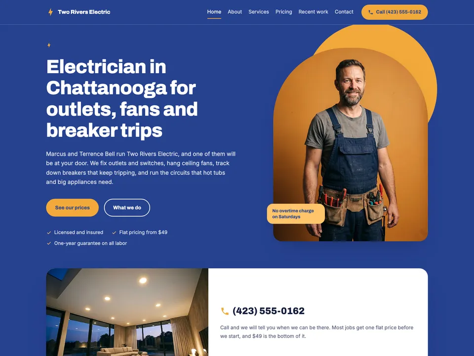 The homepage of Two Rivers Electric, a sample electrician site