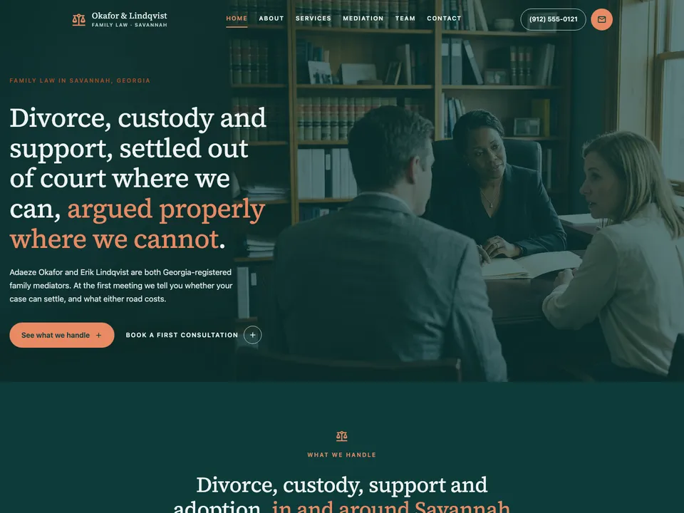 The homepage of Okafor & Lindqvist, a sample family lawyer site