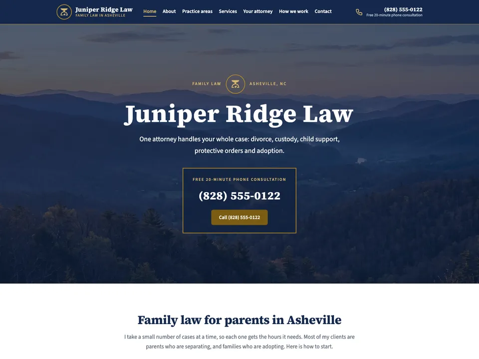 The homepage of Juniper Ridge Law, a sample family lawyer site