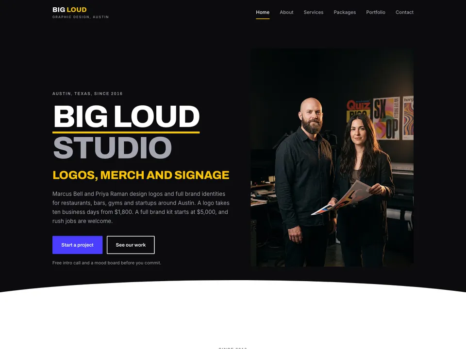 The homepage of Big Loud Studio, a sample graphic designer site