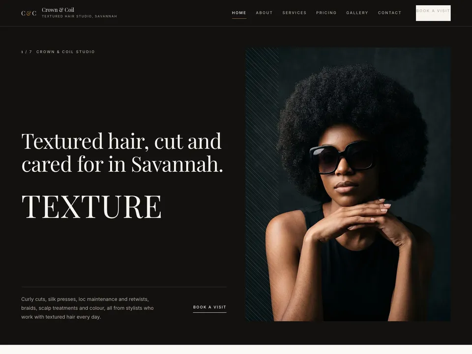 The homepage of Crown & Coil Studio, a sample hair salon site