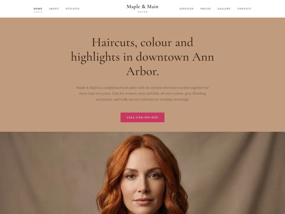 The homepage of Maple & Main Salon, a sample hair salon site