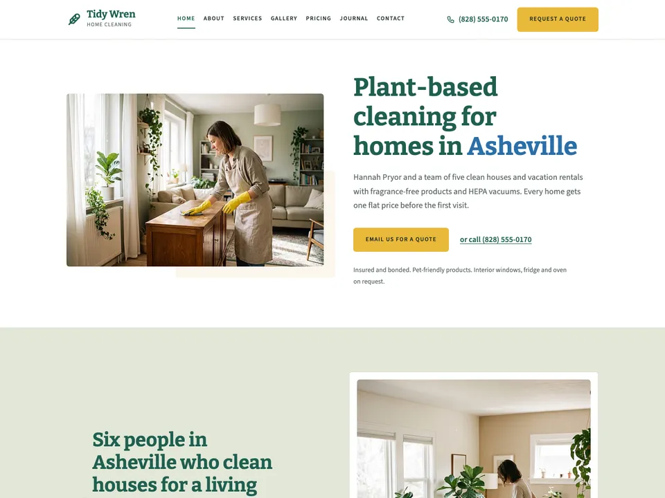 The homepage of Tidy Wren Home Cleaning, a sample house cleaning site