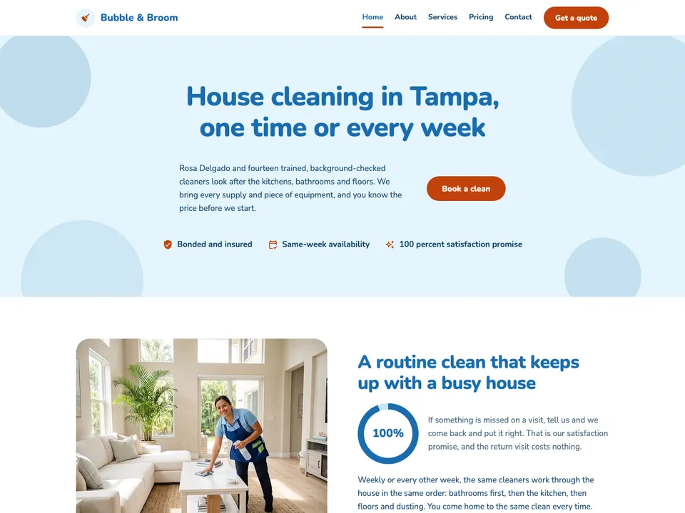 The homepage of Bubble & Broom, a sample house cleaning site