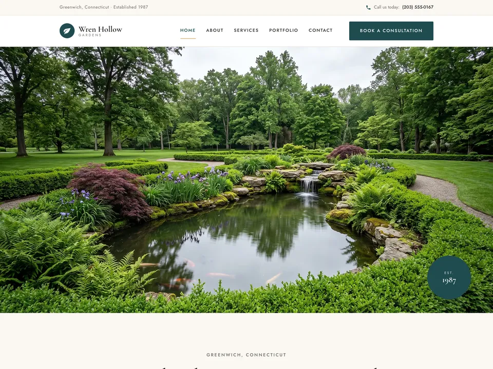 The homepage of Wren Hollow Gardens, a sample landscaper site