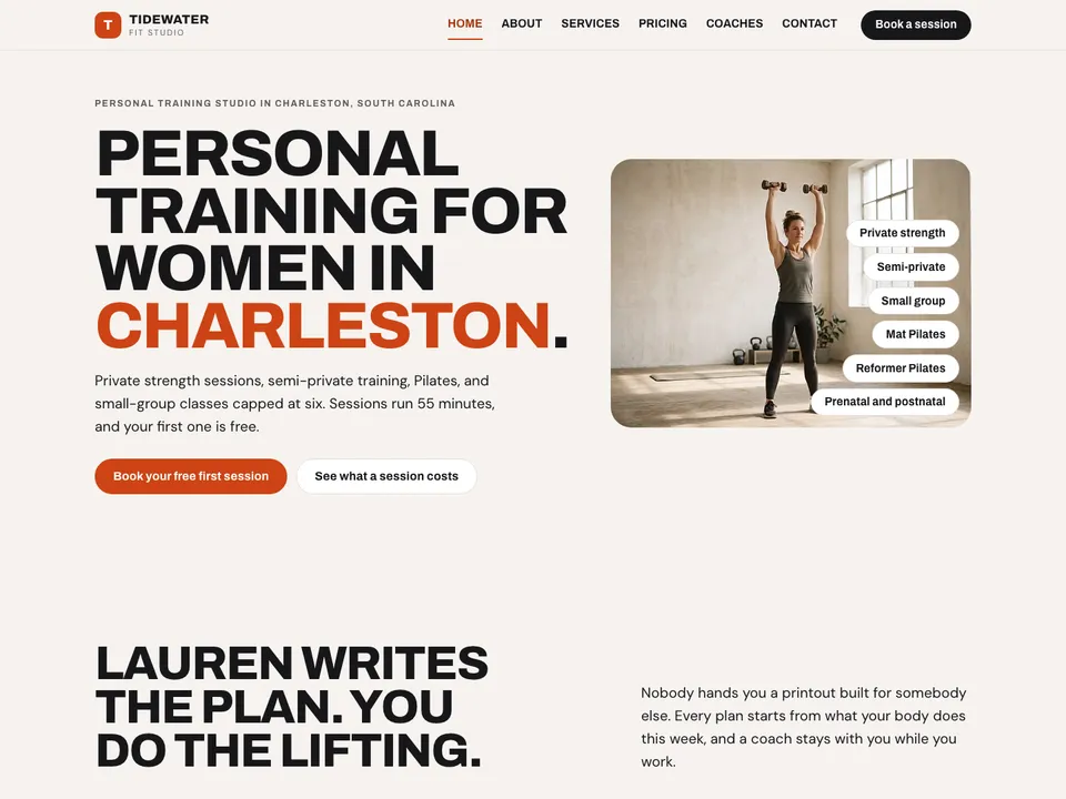 The homepage of Tidewater Fit Studio, a sample personal trainer site