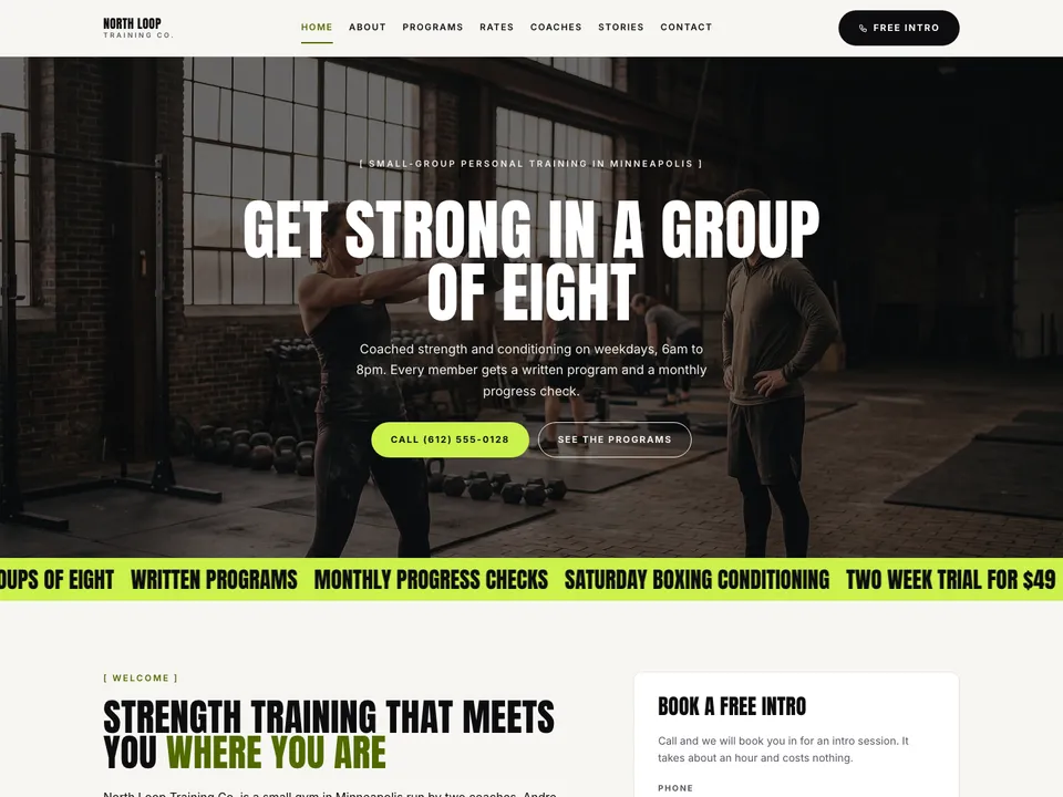 The homepage of North Loop Training Co., a sample personal trainer site