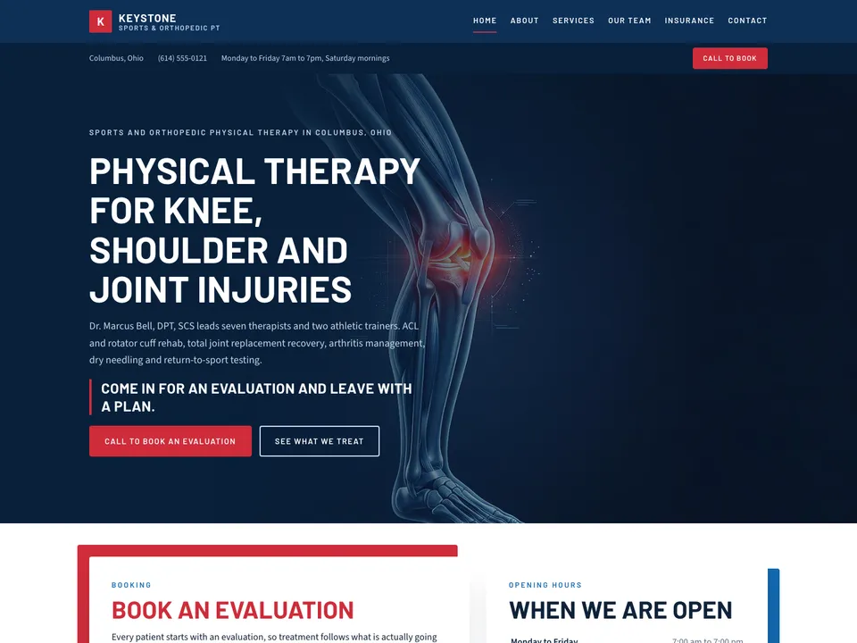 The homepage of Keystone Sports & Orthopedic PT, a sample physical therapist site