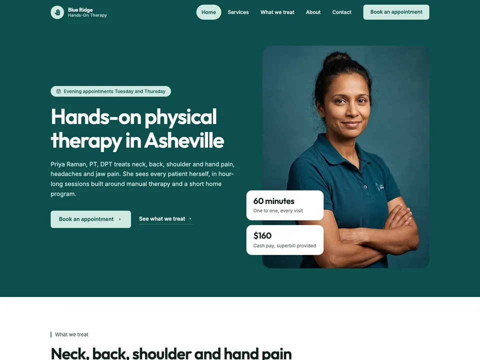 The homepage of Blue Ridge Hands-On Therapy, a sample physical therapist site