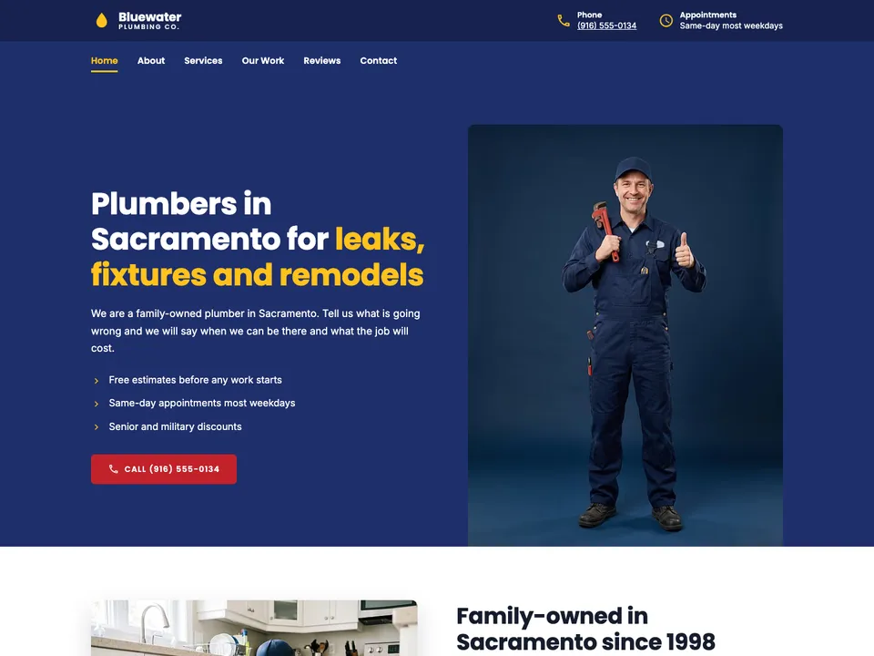 The homepage of Bluewater Plumbing Co., a sample plumber site