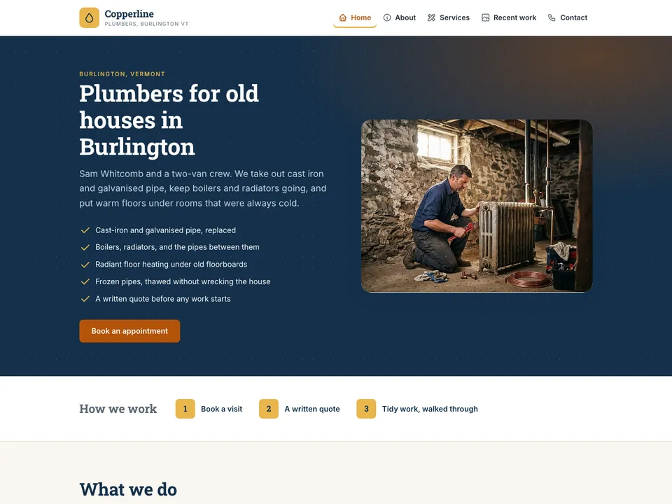 The homepage of Copperline Plumbers, a sample plumber site