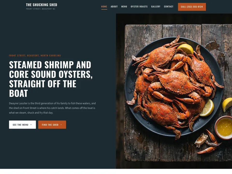 The homepage of The Shucking Shed, a sample restaurant site