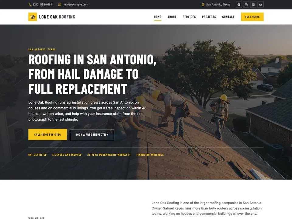 The homepage of Lone Oak Roofing, a sample roofer site