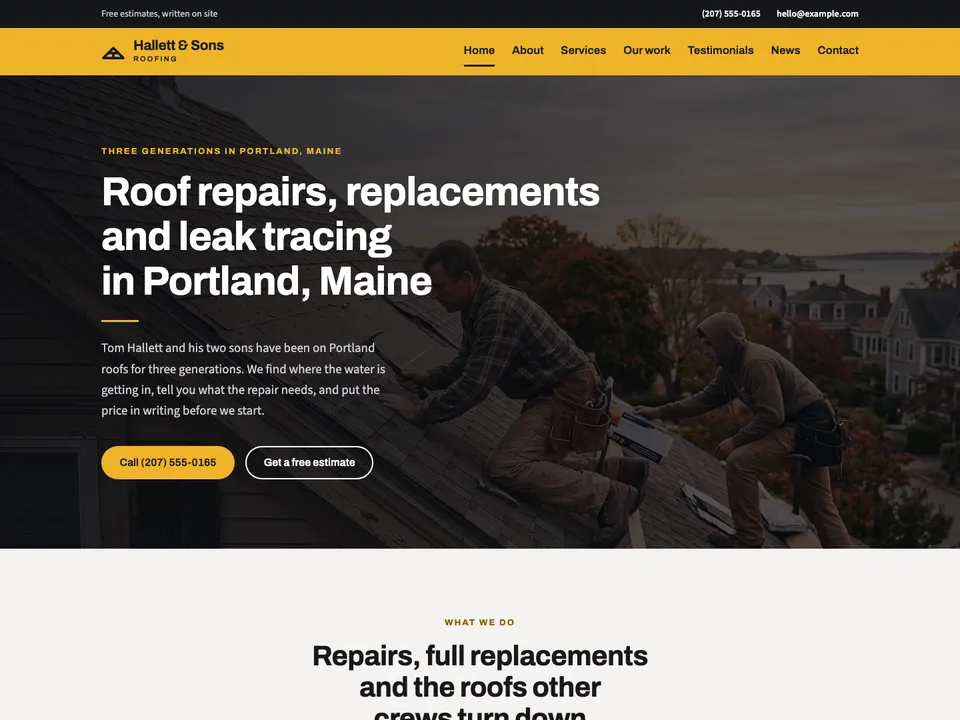 The homepage of Hallett & Sons Roofing, a sample roofer site