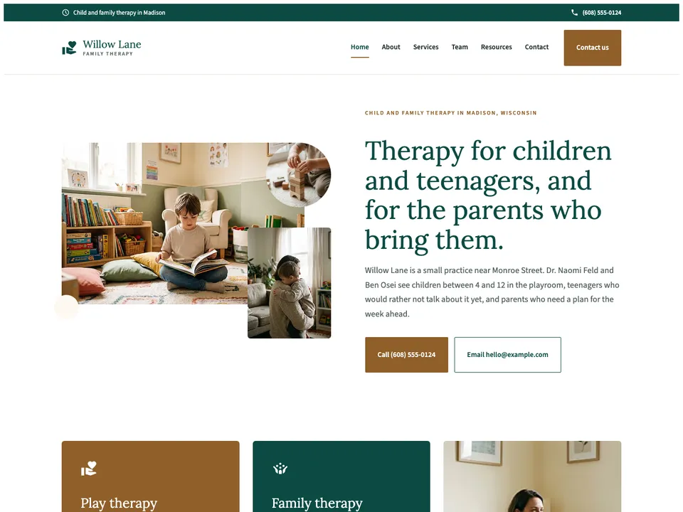 The homepage of Willow Lane Family Therapy, a sample therapist site