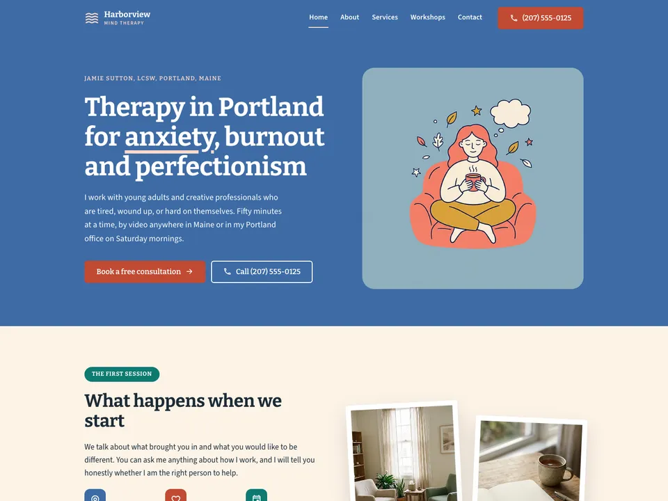 The homepage of Harborview Mind Therapy, a sample therapist site