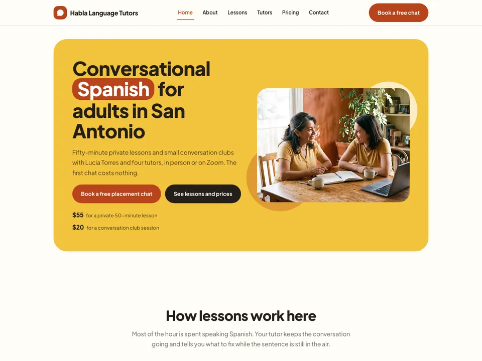 The homepage of Habla Language Tutors, a sample tutor site