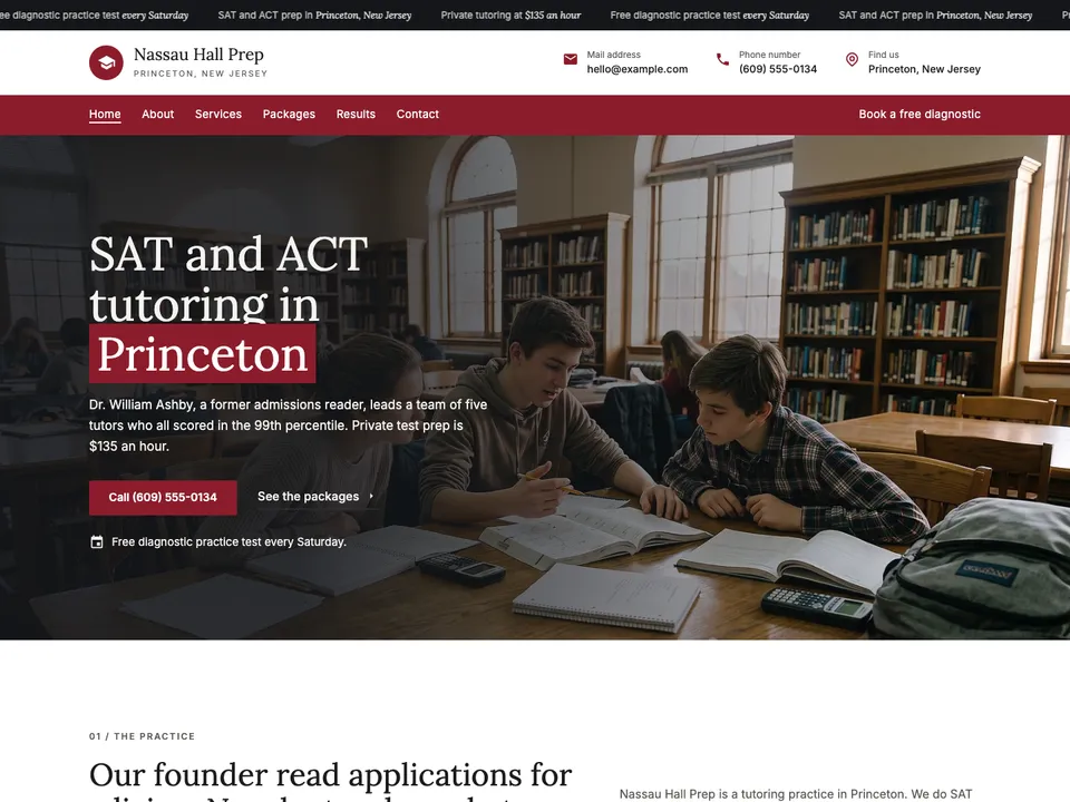 The homepage of Nassau Hall Prep, a sample tutor site