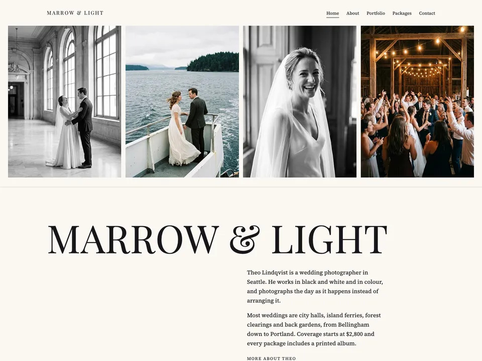 The homepage of Marrow & Light, a sample wedding photographer site