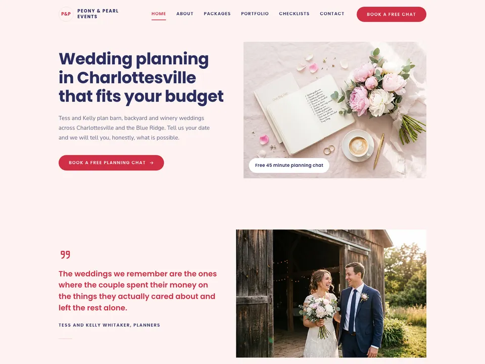 The homepage of Peony & Pearl Events, a sample wedding planner site
