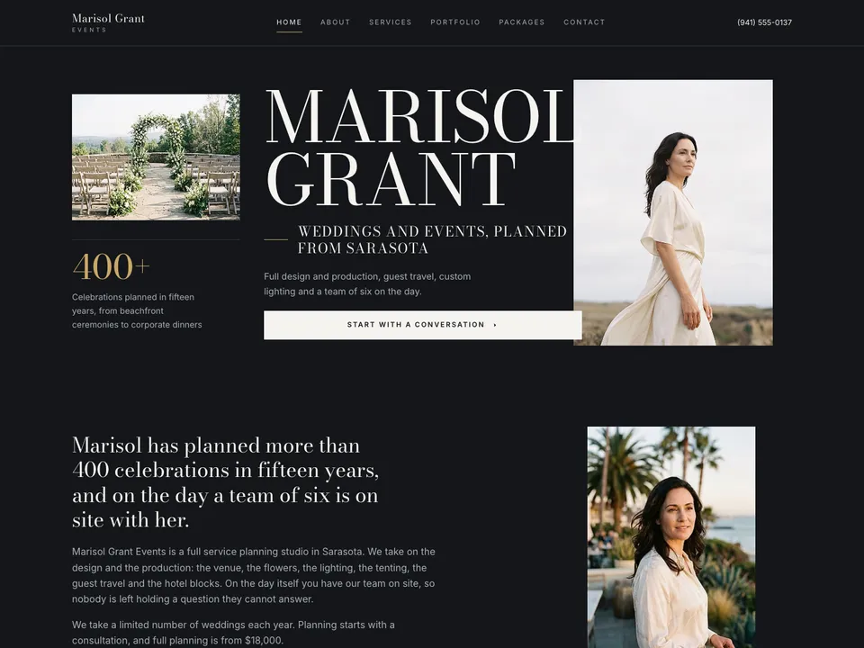 The homepage of Marisol Grant Events, a sample wedding planner site