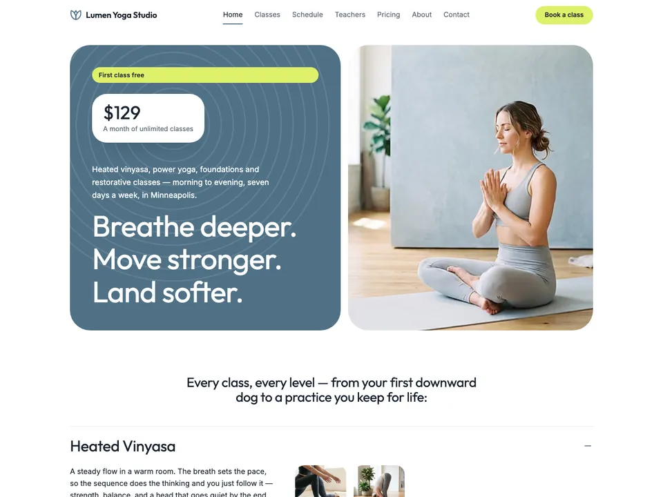The homepage of Lumen Yoga Studio, a sample yoga studio site