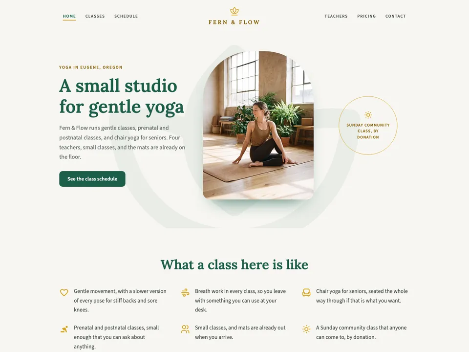 The homepage of Fern & Flow Yoga, a sample yoga studio site